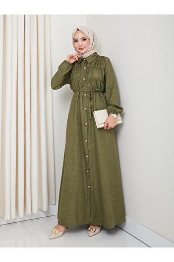 HARMAN BUTİK Women's Gathered Detailed Belted Buttoned Green Dress