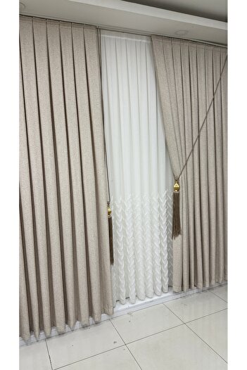 Fon Dünyası Cream Beige Wool Armure Woven Background Curtain (Single Wing)