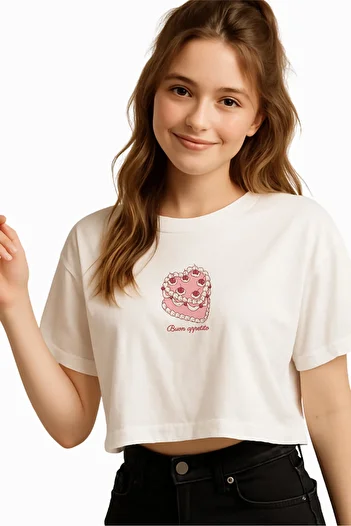 FANA Women's Semi Crop T-Shirt – Buon Appetito Cake Pattern Cute Printed White & Ecru