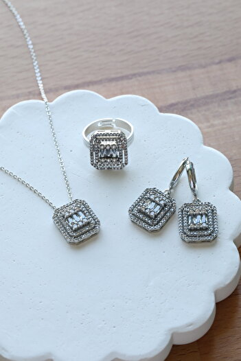 Inure Jewelry Baget Model Zirkon Taşlı Vip Model (Kolye&Küpe&Ayarlanabilir Yüzük) 3'lü Set