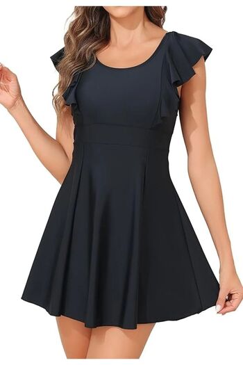 segiza One Piece United Slip Flounced Shoulder Dress Swimsuit