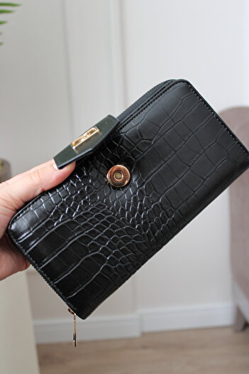 Mimoza Women's Black Two-Compartment Zippered Wallet with Crocodile Pattern