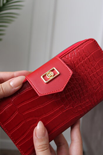 Mimoza Women's Red Two-Compartment Zippered Wallet with Crocodile Pattern