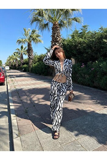 Cherry Lane Cherrylane Boho Black-And-White Print Spanish Sleeve Wide Leg Summer Suit
