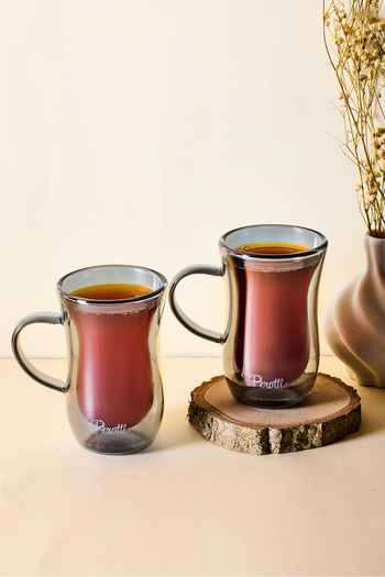 Perotti Smoked 2-Piece Heat Resistant Double Walled Glass Tea Cup with Handle 150 ml