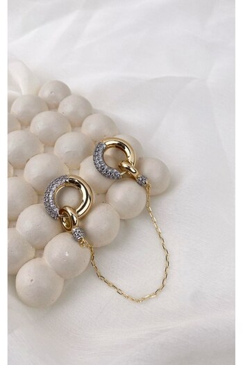 Sacha Accessories Gold Silver Hoop Earrings with Zircon Stone Chain Detail