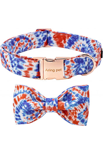 Aring Pet dog collar and bow tie set, cotton/metal, red/blue, M