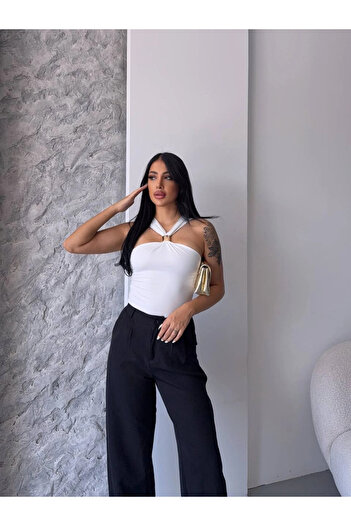 hazelin Women's White Halter Neck Metal Detailed Stylish Crop Blouse Hzl25S-Fry123251