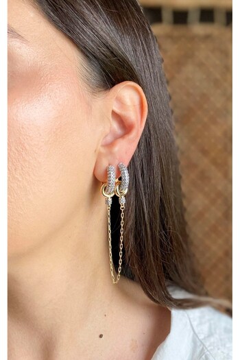 Sacha Accessories Gold Silver Hoop Earrings with Zircon Stone Chain Detail