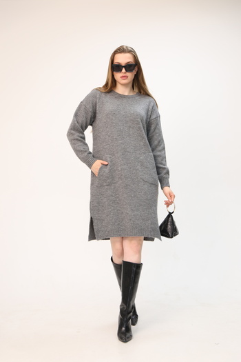 ALCHON Round Crew Neck Long Sleeve Pocket Side Slit Soft Texture Winter Knitwear Midi Length Pullover Tunic
