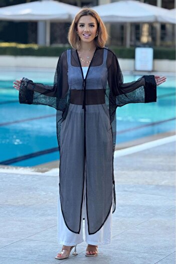Nevin Kaya Moda Μαύρη παγιέτα με λεπτομέρεια από τούλι κιμονό - Pareo