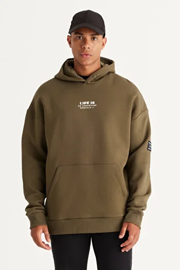 AC&Co / Altınyıldız Classics Men's Khaki Oversize Fit Loose Cut Hooded Fleece Inside 3 Thread Cotton Sweatshirt
