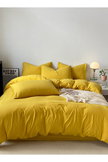LUNA HOME Single Size 4 piece Bedding Set Without Filling, Washable Cotton Yellow Color 160x210cm.