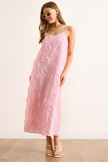 Olalook Women's Pink Strap Adjustable Textured Midi Dress Elb-19002495