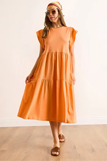 Olalook Women's Melon Inside Sleeve Ruffle Fragment Midi Cotton Dress Elb-19002445