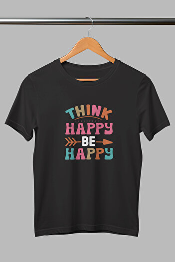 giftkonsept Think Happy Be Happy Think Happy Be Happy Motivational Printed Cotton Unisex Black T-Shirt