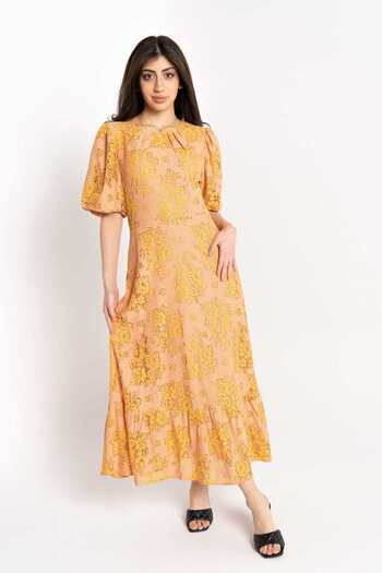 Nichii Women's Short Sleeve Midi Flared Evening Dress with Waist Detail