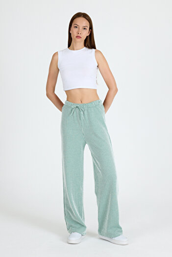 Rays Green Elastic Waist Striped Wide Leg Woven Trousers 4098