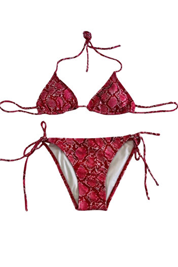 hazelin Kadın Kırmızı Yılan Derisi Desen Boyundan İp Bağlamalı Üçgen Bikini Takımı HZL25S-LC5005