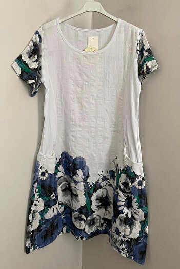AYASOFYA OTANTIK Women's Italian White Wild Flowers Pattern Short Sleeve Cotton Midi Dress with Bag Pocket