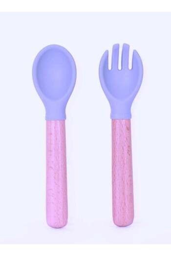 Mommy's Bliss Wooden Baby Spoon & Fork Set – Pink, Soft Grip Silicone Handles, Eco-Friendly & Baby