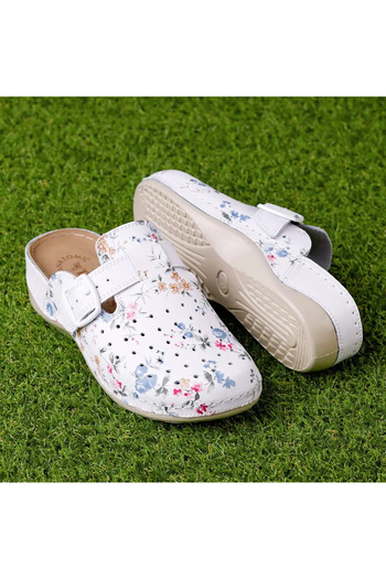 Tellus Women's Leather Medical Clogs 25-09, White With Flowers