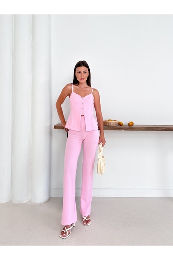 LE CARAMBOLE Women's Pink Strap Vest Pants Bottom Top Set