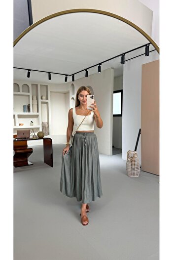Sezgi Tekin Waist Elastic Wrinkled Texture Satin Midi Khaki Skirt