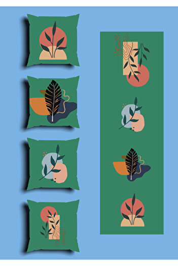 GREENDECOR Bohemian Geometric Line Shapes Special Design 4 Pcs. Double Side Printed Throw Pillow Cover and 1 Pcs. Runner