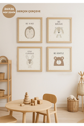 HOMİNG 4 Pieces Mdf Print Children's Room Painting Set Cute Animals 26X26