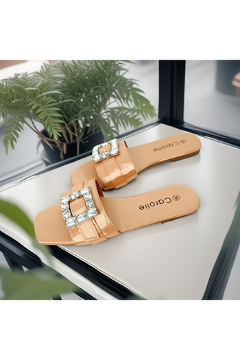 OEM Women's slippers with decorative crystal applications, made of textile material, for summer, F25