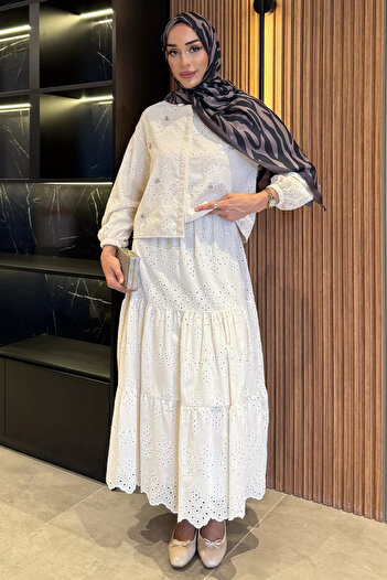 julude Beige Women's Stoned and Scalloped Shirt Skirt Hijab Double Set