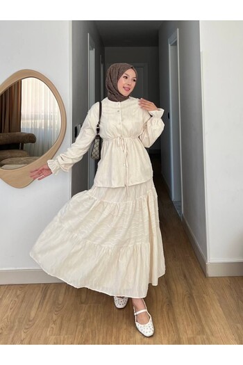 Modamorfo Lace Suit with Buttons on the Front, Laces on the Waist, Elastic Sleeves and Skirt - Beige