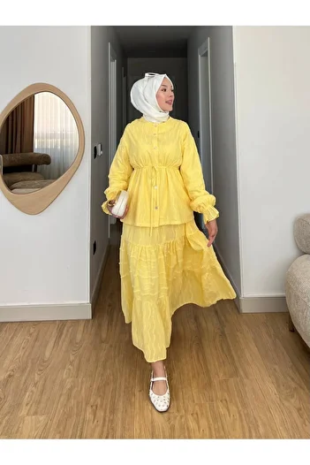 Modamorfo Lace Suit with Buttons on the Front, Laces on the Waist, Elastic Sleeves and Skirt - Yellow