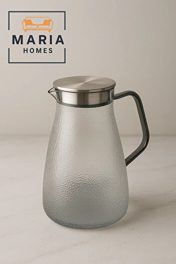 MARIA HOMES Textured Smoke Gray Glass Water Pitcher with Stainless Steel Lid – 1.3 Liter