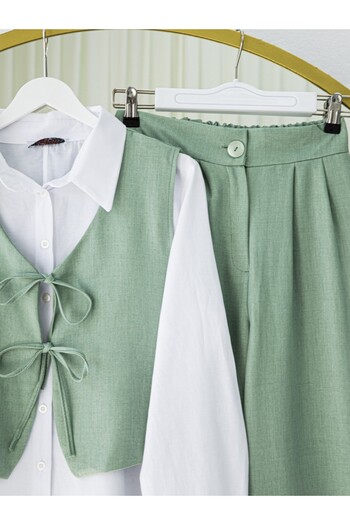 Modamorfo Front Lace-Up Trouser Vest Double Linen Suit -Mint