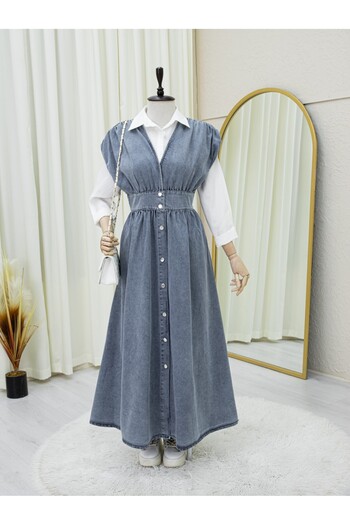 Modamorfo Full Buttoned V-Neck Zero Sleeve Jeans Gilet - Ice Blue