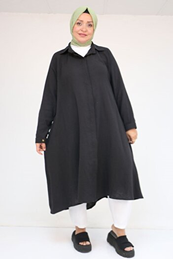 Eslina 58093 large size mevlana cut muslin shirt - black