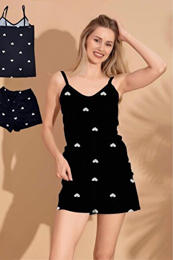 TOSKI Women's Pajama Set, Tank Top and Shorts, Heart Print, Black