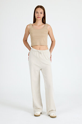 Rays Beige Elastic Waist Striped Wide Leg Woven Trousers 4098