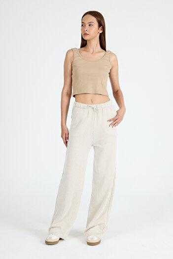 Rays Beige Elastic Waist Striped Wide Leg Woven Trousers 4098