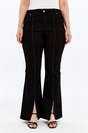 RMG Large Size Jeans with Leg Slits and Stone Detail Black