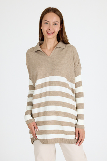Rays Light Mink Polo Neck Striped Tunic 5340