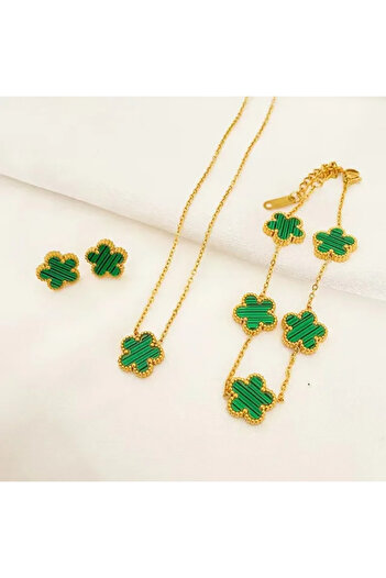 Choice Green IFYOUOO Necklace Bracelet Earrings Set Luxury Plum Blossom Plant Five Leaf Flower for Women Gi