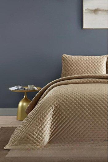 Çeyiz Diyarı Bianca Single Luxury Velvet Bedspread Beige