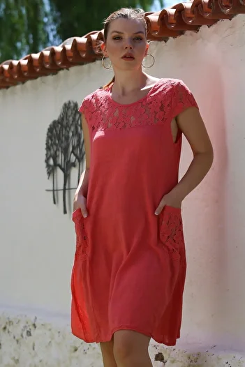 Chiccy Italian Pomegranate Flower Round Neck Low Sleeve Pocket Lace Casual Linen Blended Woven Dress 95 62