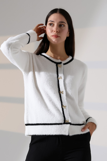 ALCHON Round Neck Long Sleeve Bow Tie Button Striped Stripe Pile Soft Textured Knitwear Cardigan