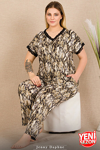 Jenny Daphne Lady Plus Size Patterned Pajamas Button Top Short Sleeve Pajama Set 11032