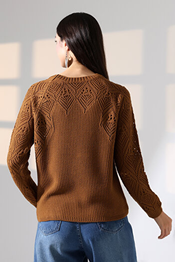 ALCHON Round Neck Long Sleeve Openwork Hollowed Rice Knit Simple Elegant Basic Knitwear Sweater