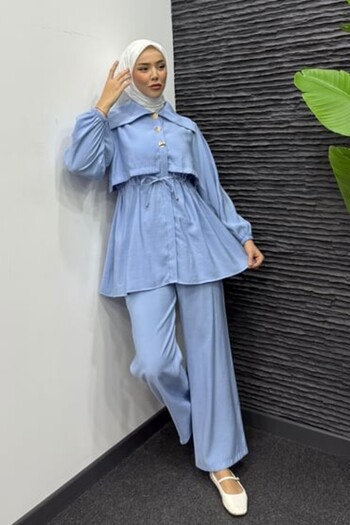 FA Butiq Women's Baby Blue Lace-Up Waist Trousers Double Suit